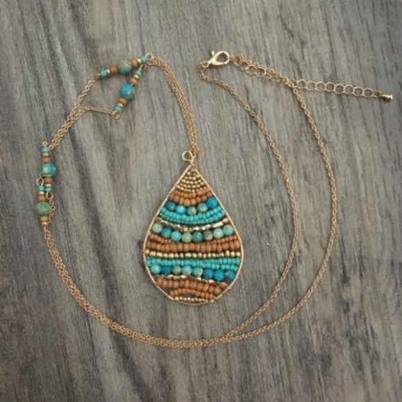 Long Gold Colored Boho Beaded Teardrop Necklace - Picture 1 of 4